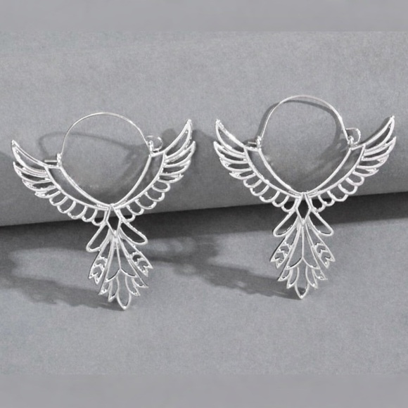 “Thunderbird” Phoenix Silver Guardian Angel Festival Native American Wing Hoops - Picture 3 of 13